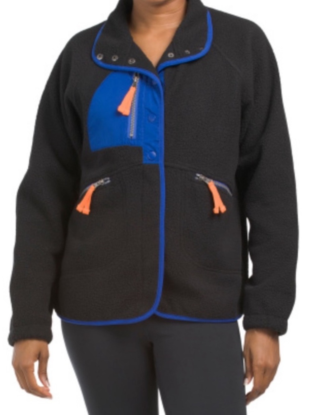 TE VERDE Sherpa Jacket with Contrast Placket Color Black and Blue Size XL